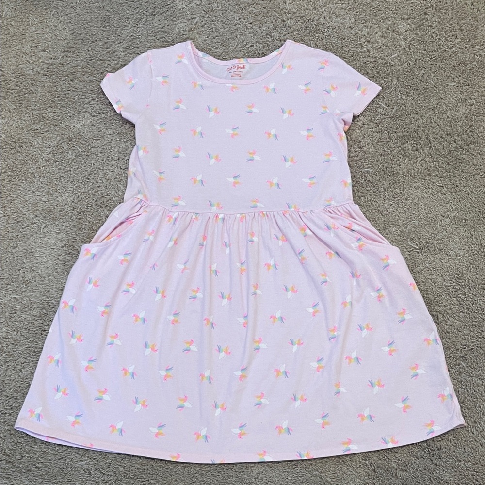 Cat & Jack girls pink w/ rainbow unicorns short sleeve dress XL 14/16